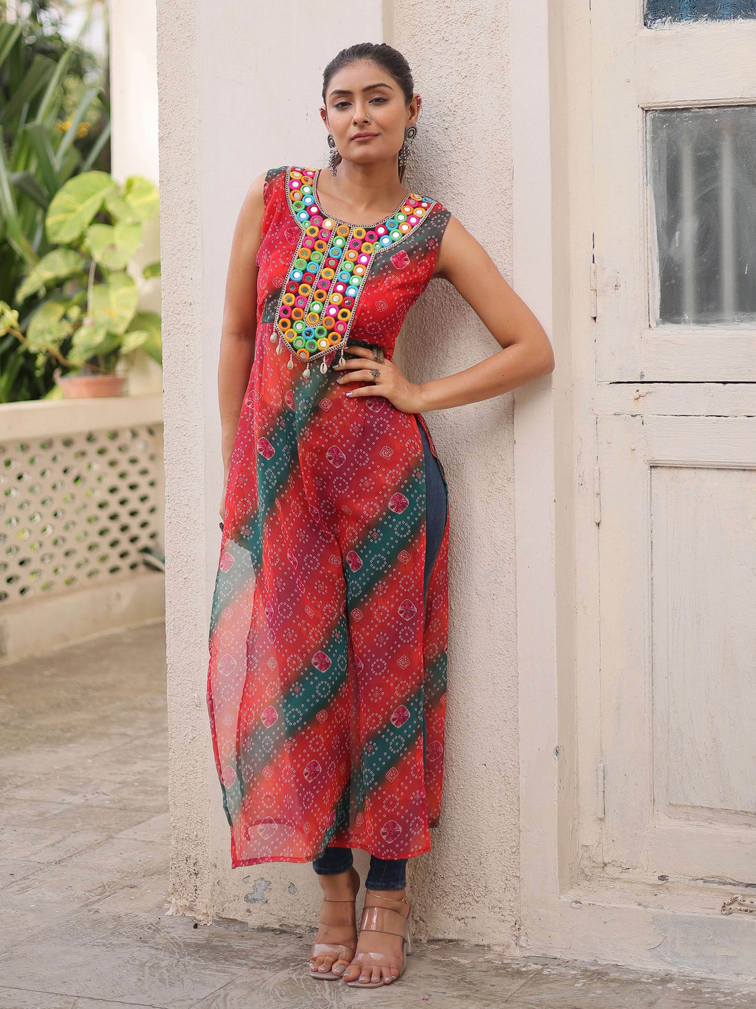 Terrific Multi-Color Kutchi Gamthi Work Georgette Navratri Wear Long Kurti - Zeel Clothing
