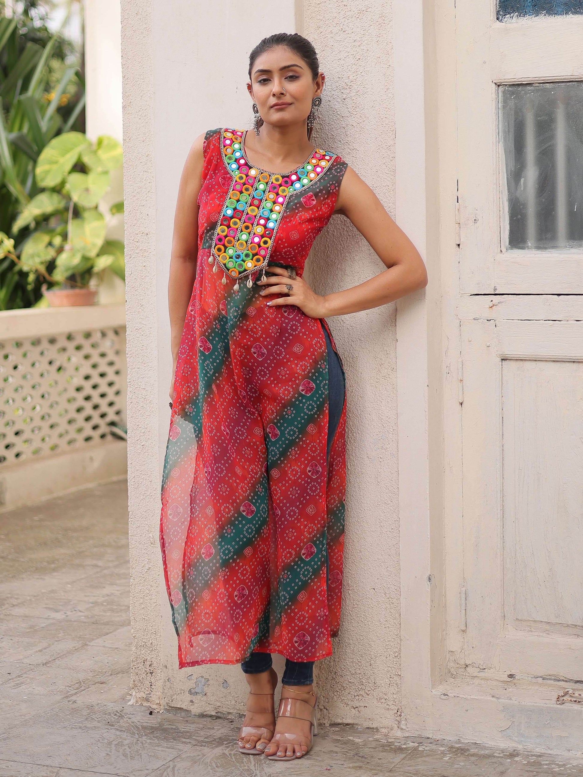 Terrific Multi-Color Kutchi Gamthi Work Georgette Navratri Wear Long Kurti - Zeel Clothing