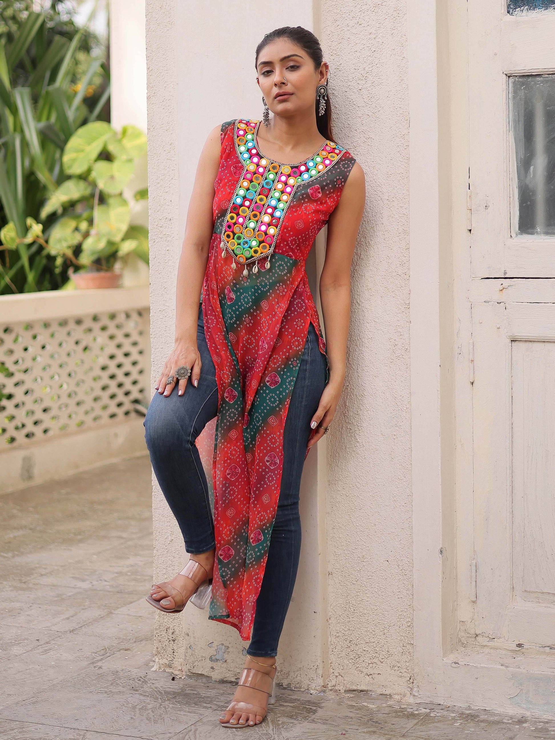 Terrific Multi-Color Kutchi Gamthi Work Georgette Navratri Wear Long Kurti - Zeel Clothing