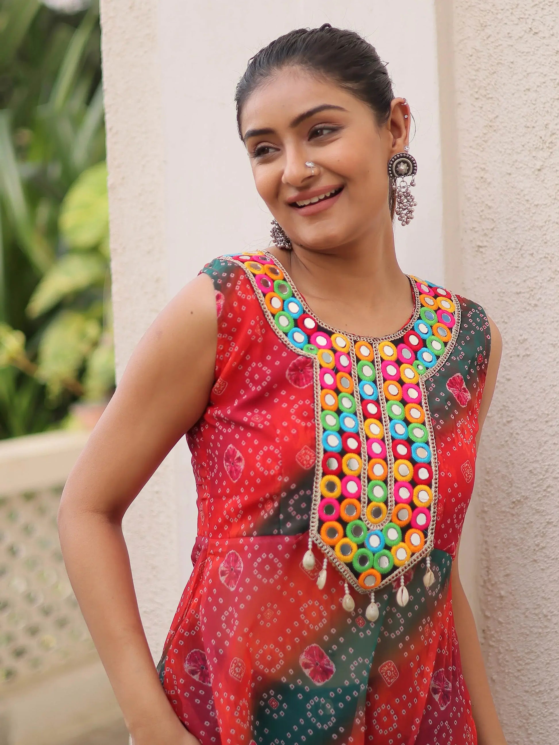 Terrific Multi-Color Kutchi Gamthi Work Georgette Navratri Wear Long Kurti - Zeel Clothing