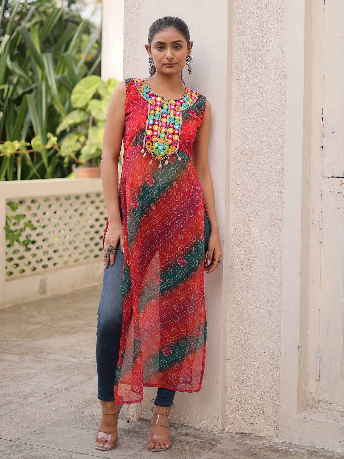 Terrific Multi-Color Kutchi Gamthi Work Georgette Navratri Wear Long Kurti - Zeel Clothing