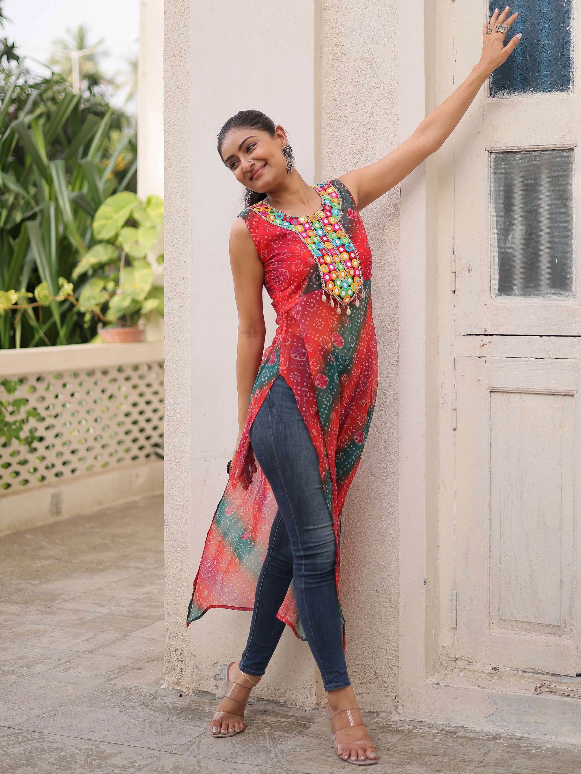 Terrific Multi-Color Kutchi Gamthi Work Georgette Navratri Wear Long Kurti - Zeel Clothing