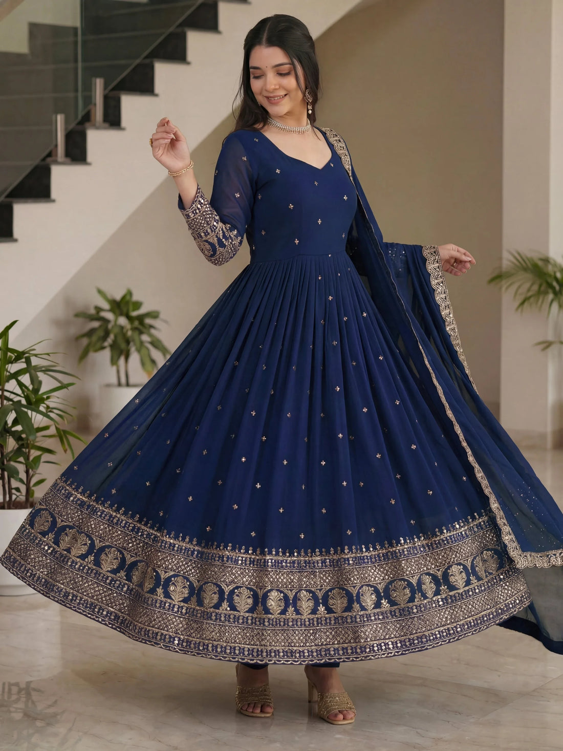 Terrific Navy Blue Embroidered Silk Festive Wear Gown With Dupatta