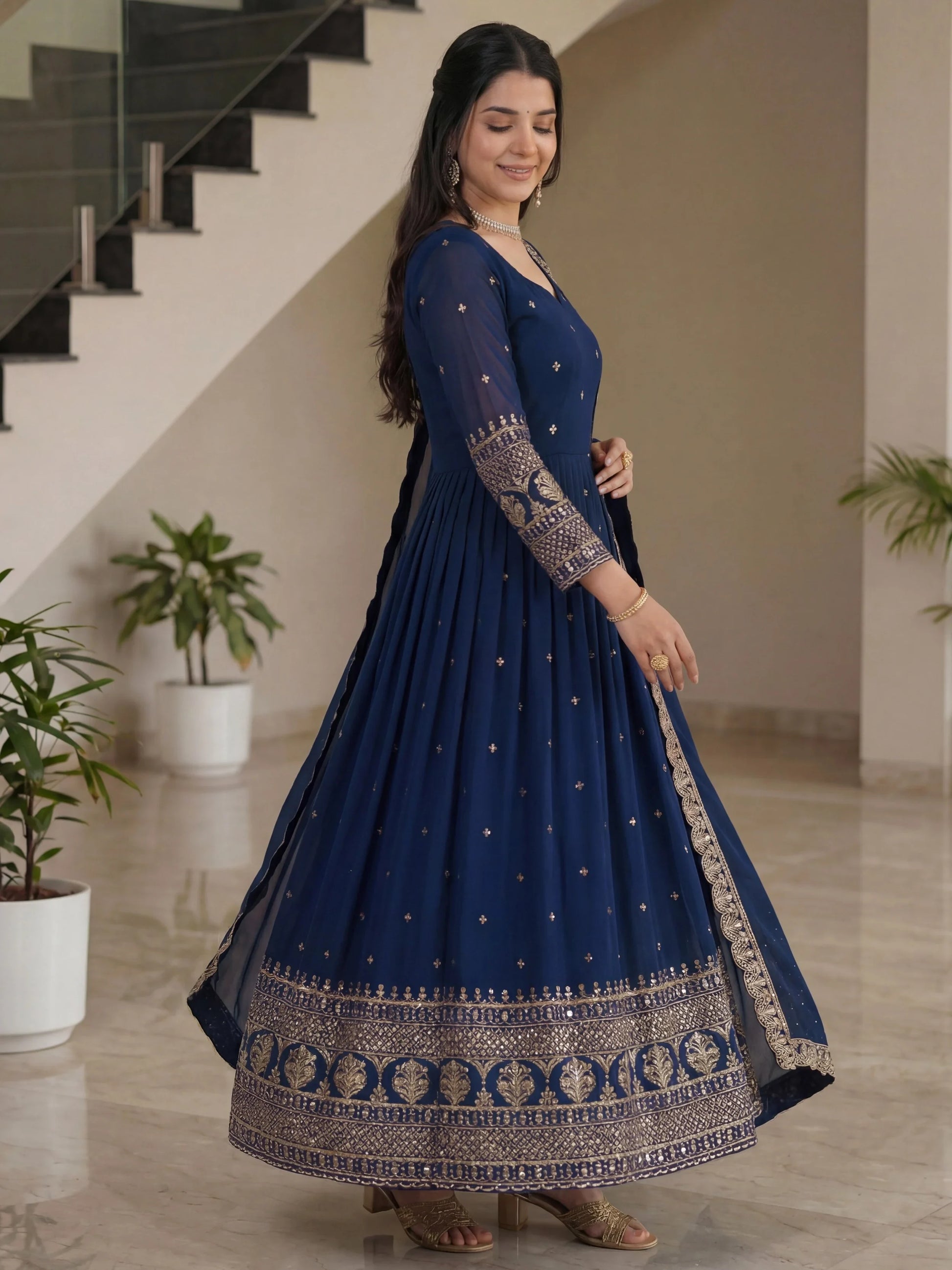 Terrific Navy Blue Embroidered Silk Festive Wear Gown With Dupatta