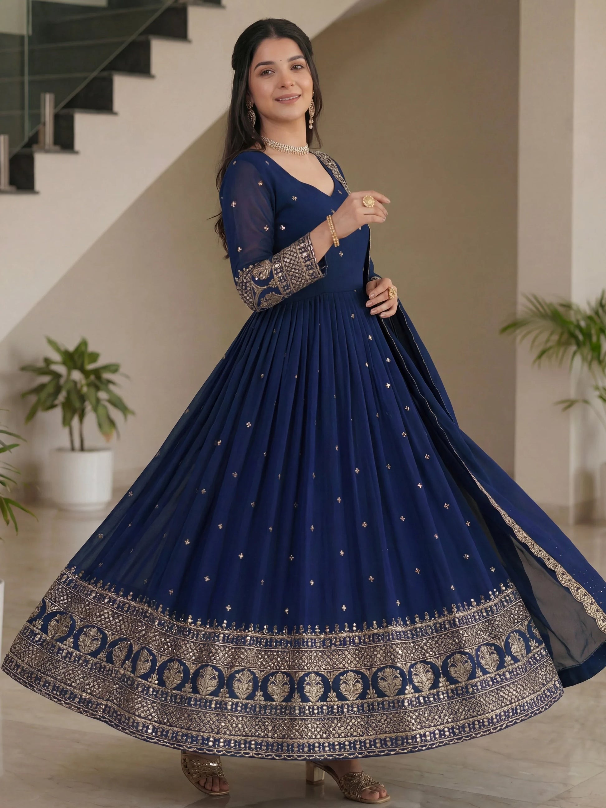 Terrific Navy Blue Embroidered Silk Festive Wear Gown With Dupatta