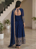 Terrific Navy Blue Embroidered Silk Festive Wear Gown With Dupatta