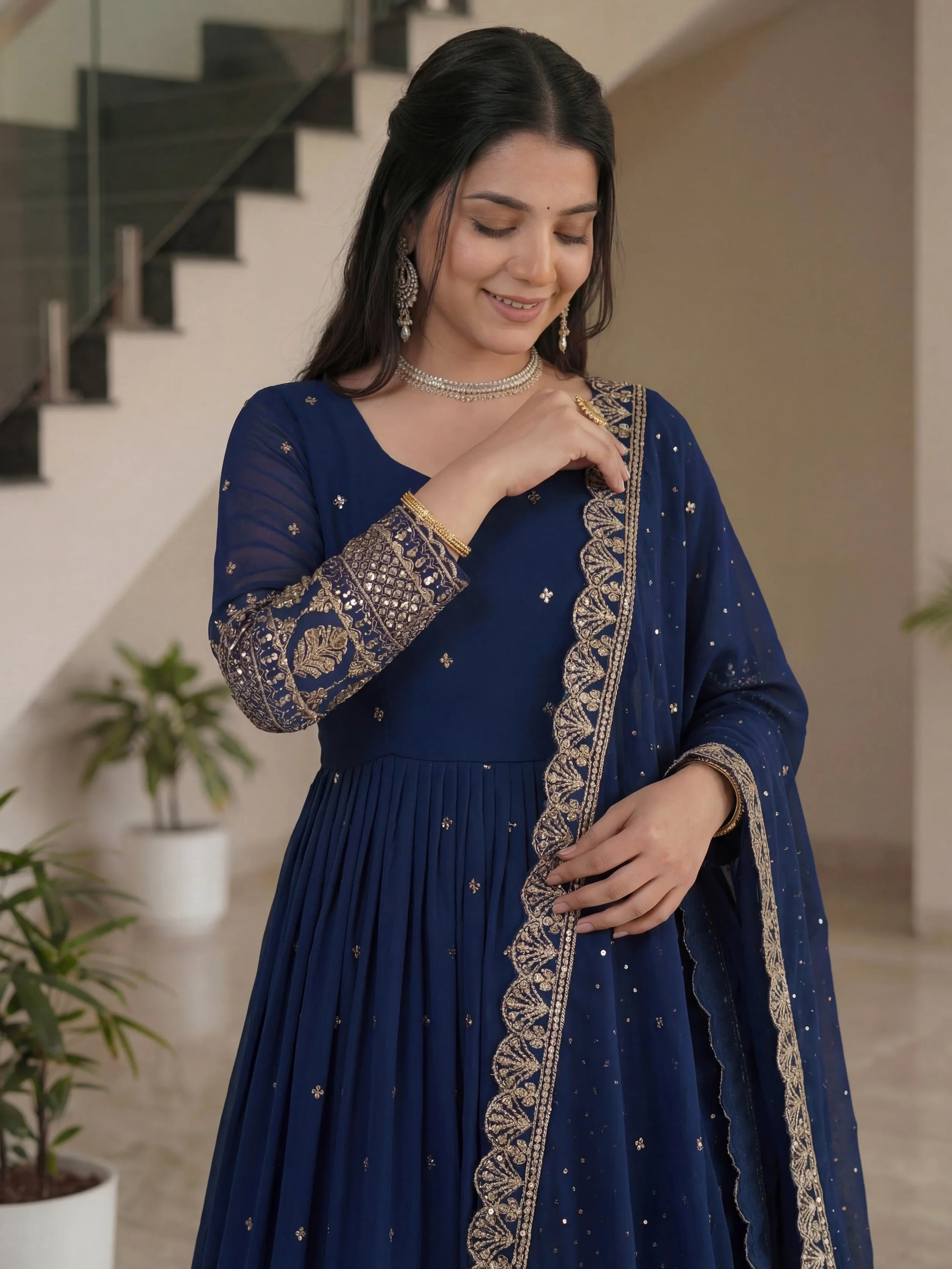 Terrific Navy Blue Embroidered Silk Festive Wear Gown With Dupatta