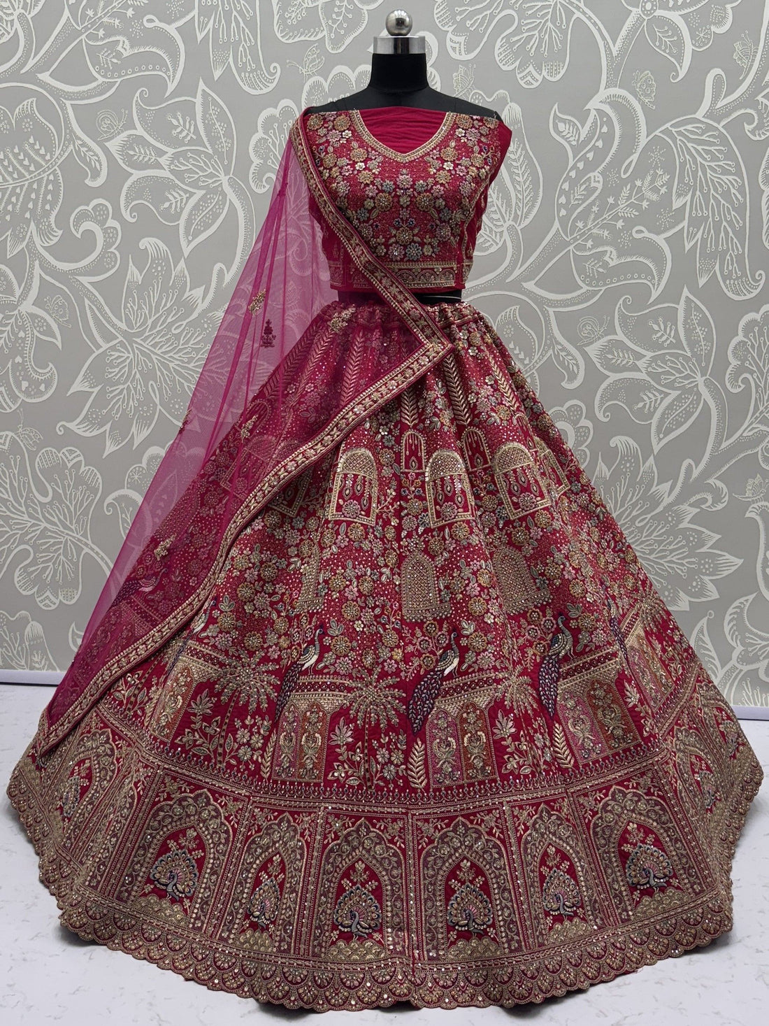 Terrific Pink Zari Work Silk Bridal Lehenga Choli With Double Dupatta