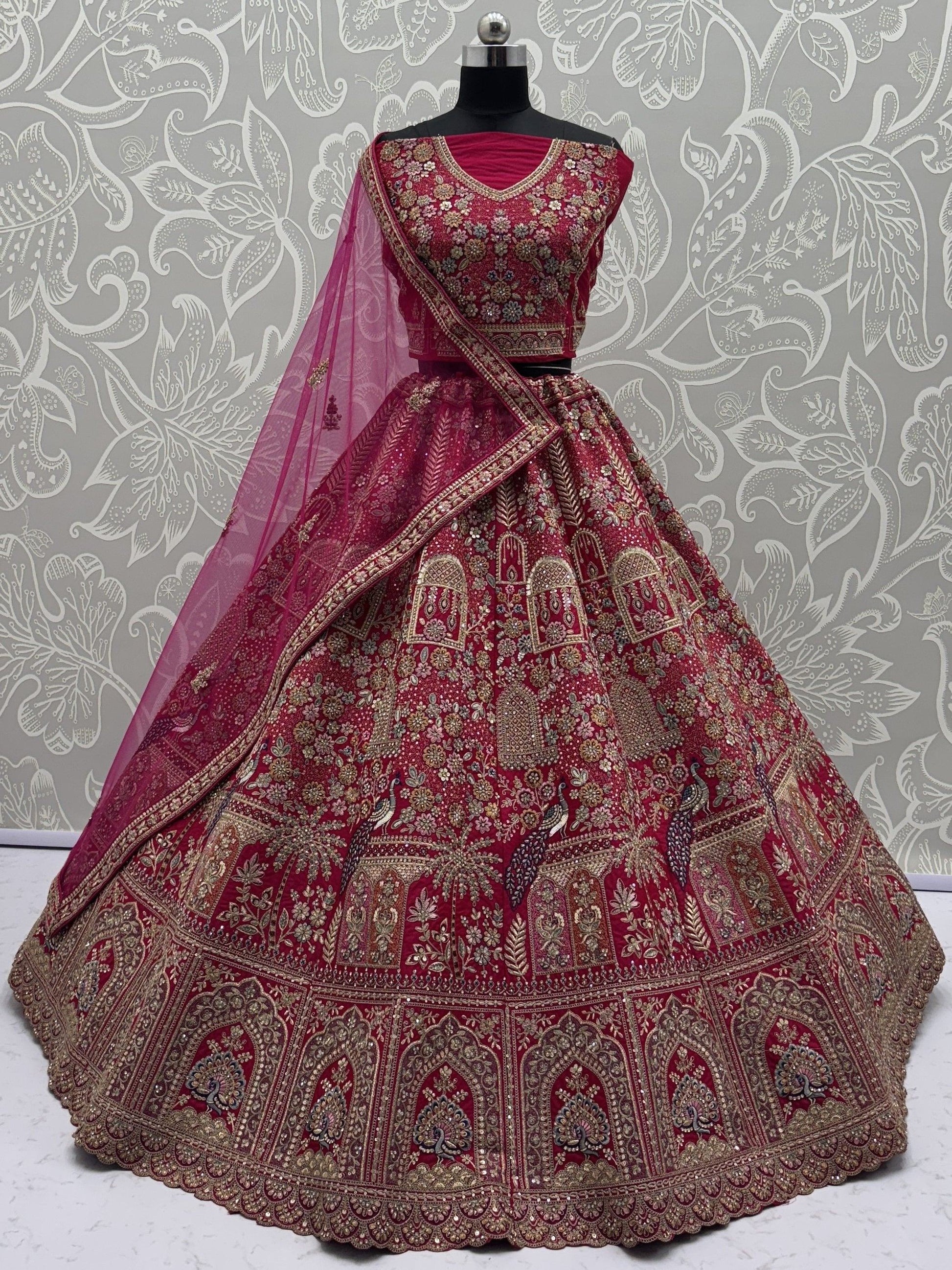 Terrific Pink Zari Work Silk Bridal Lehenga Choli With Double Dupatta