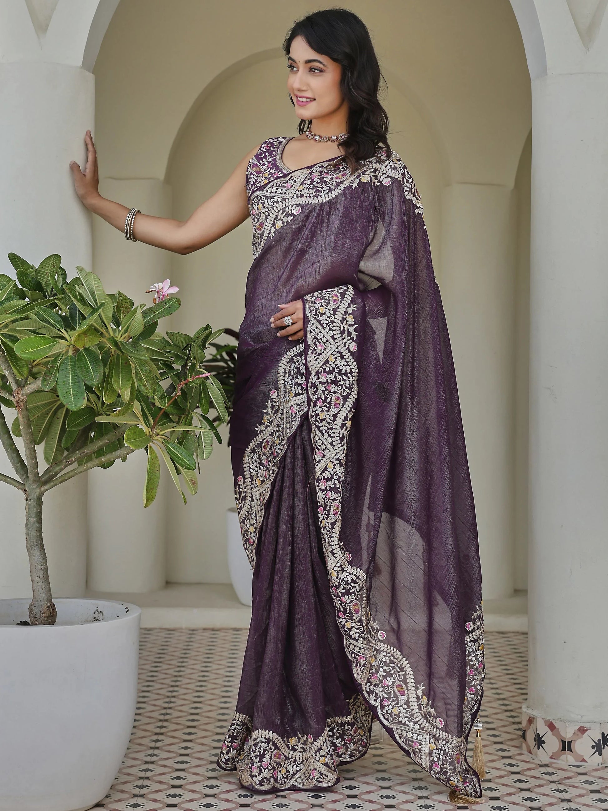 Terrific Purple Embroidered Border Organza Wedding Wear Saree With Blouse