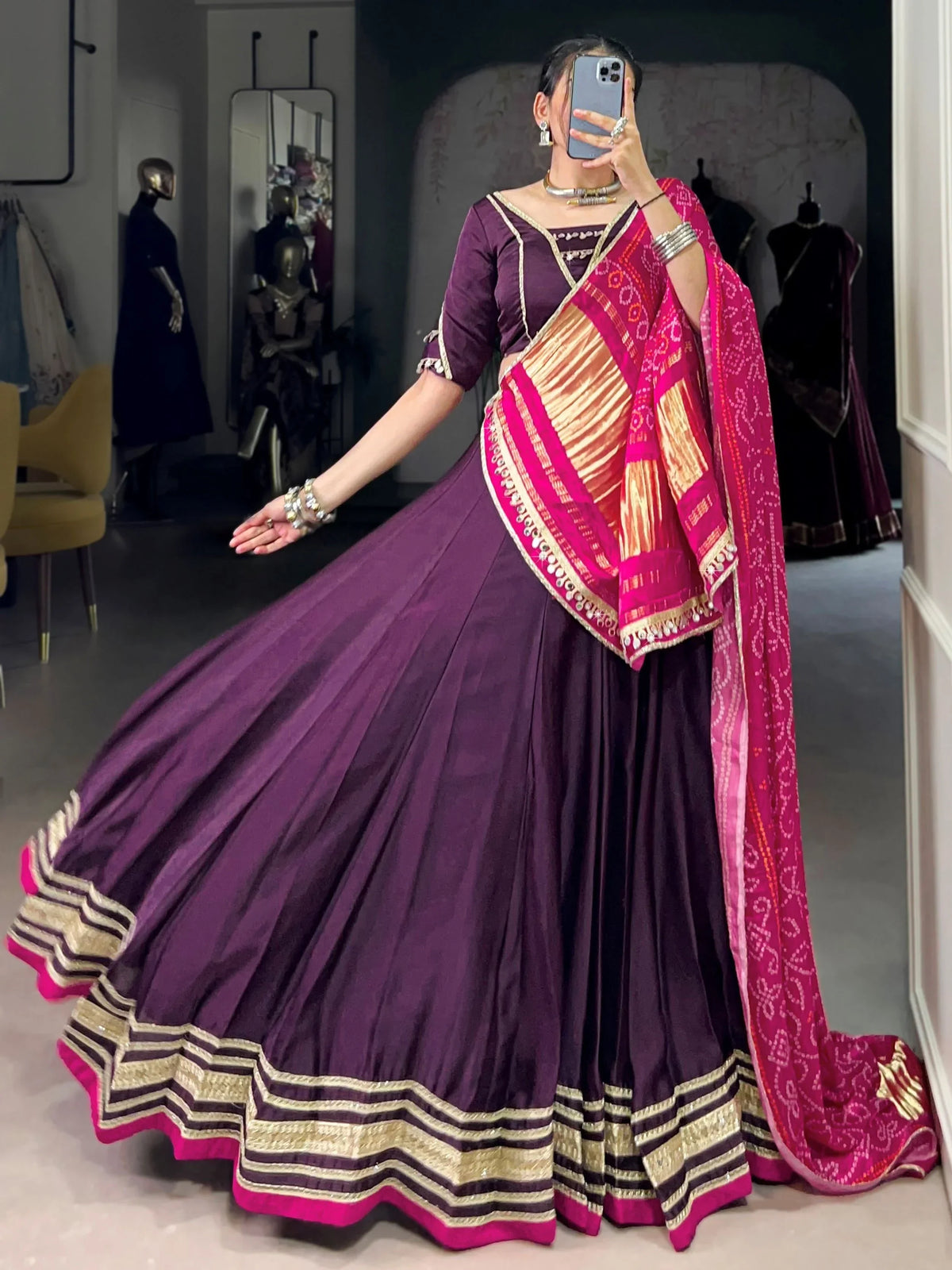Terrific Purple Georgette Traditional Lehenga Choli With Bandhani Dupatta - Zeel Clothing