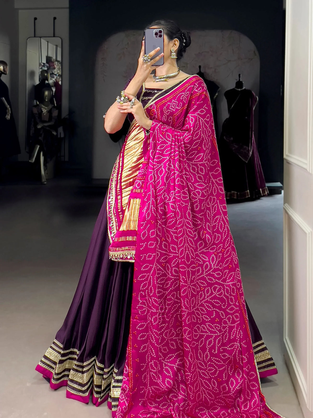 Terrific Purple Georgette Traditional Lehenga Choli With Bandhani Dupatta - Zeel Clothing