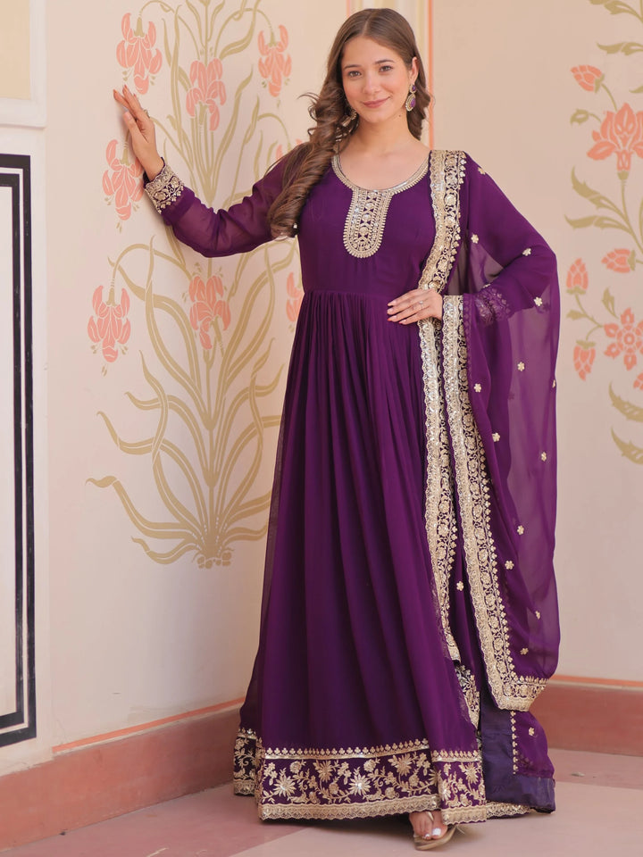 Terrific Purple Zari Embroidery Georgette Evening Wear Gown With Dupatta - Zeel Clothing