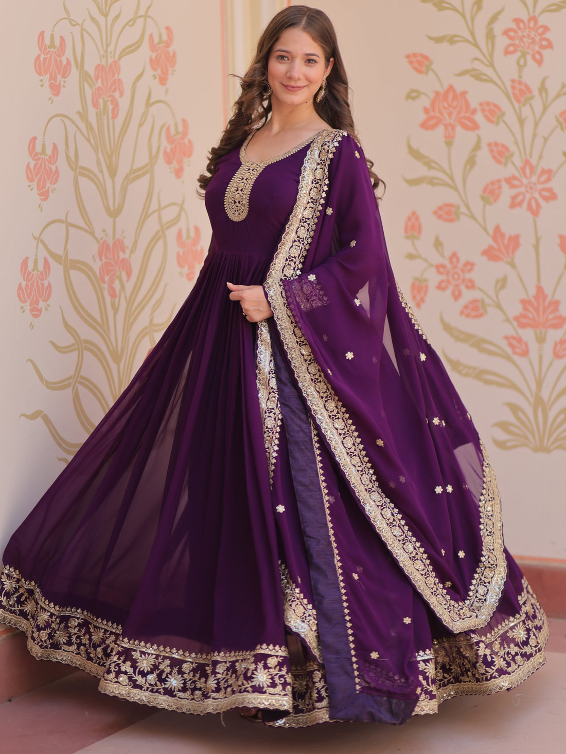 Terrific Purple Zari Embroidery Georgette Evening Wear Gown With Dupatta - Zeel Clothing