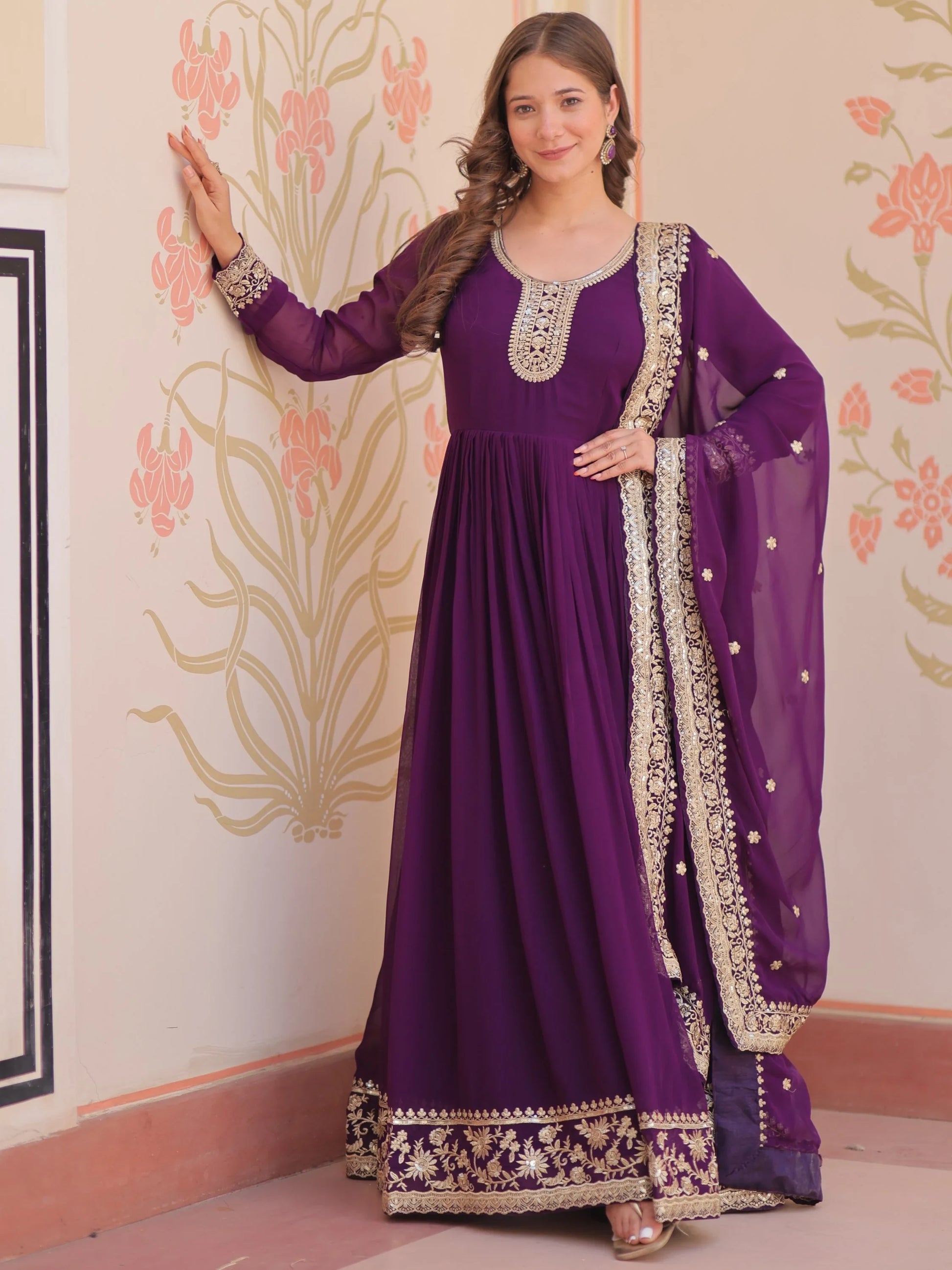Terrific Purple Zari Embroidery Georgette Evening Wear Gown With Dupatta - Zeel Clothing