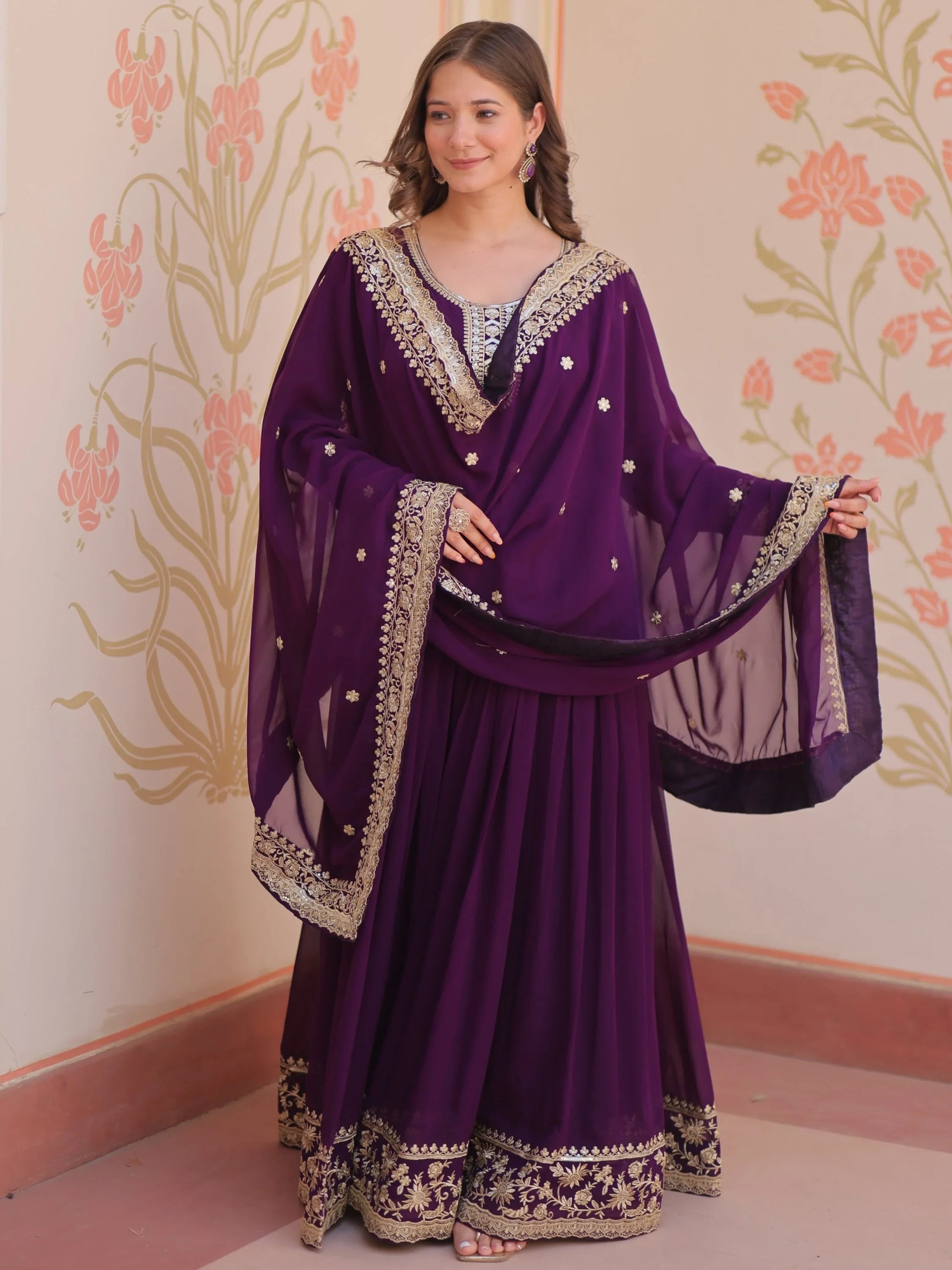 Terrific Purple Zari Embroidery Georgette Evening Wear Gown With Dupatta - Zeel Clothing