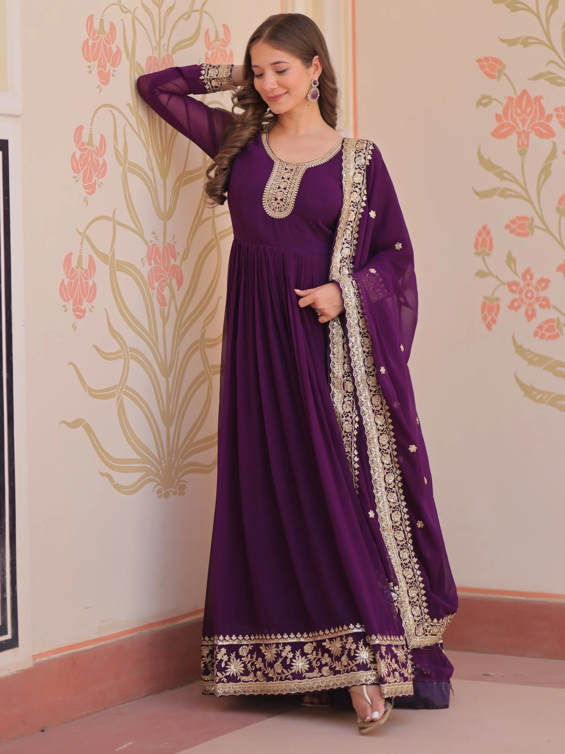 Terrific Purple Zari Embroidery Georgette Evening Wear Gown With Dupatta - Zeel Clothing