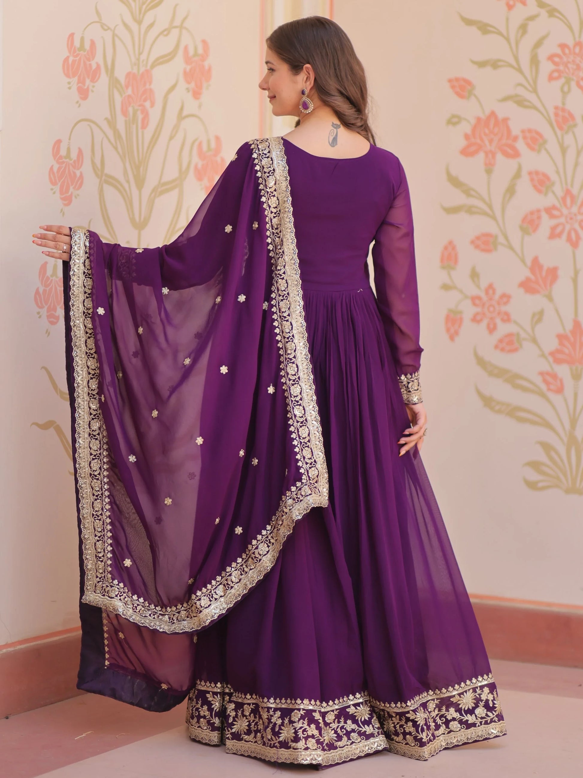 Terrific Purple Zari Embroidery Georgette Evening Wear Gown With Dupatta - Zeel Clothing