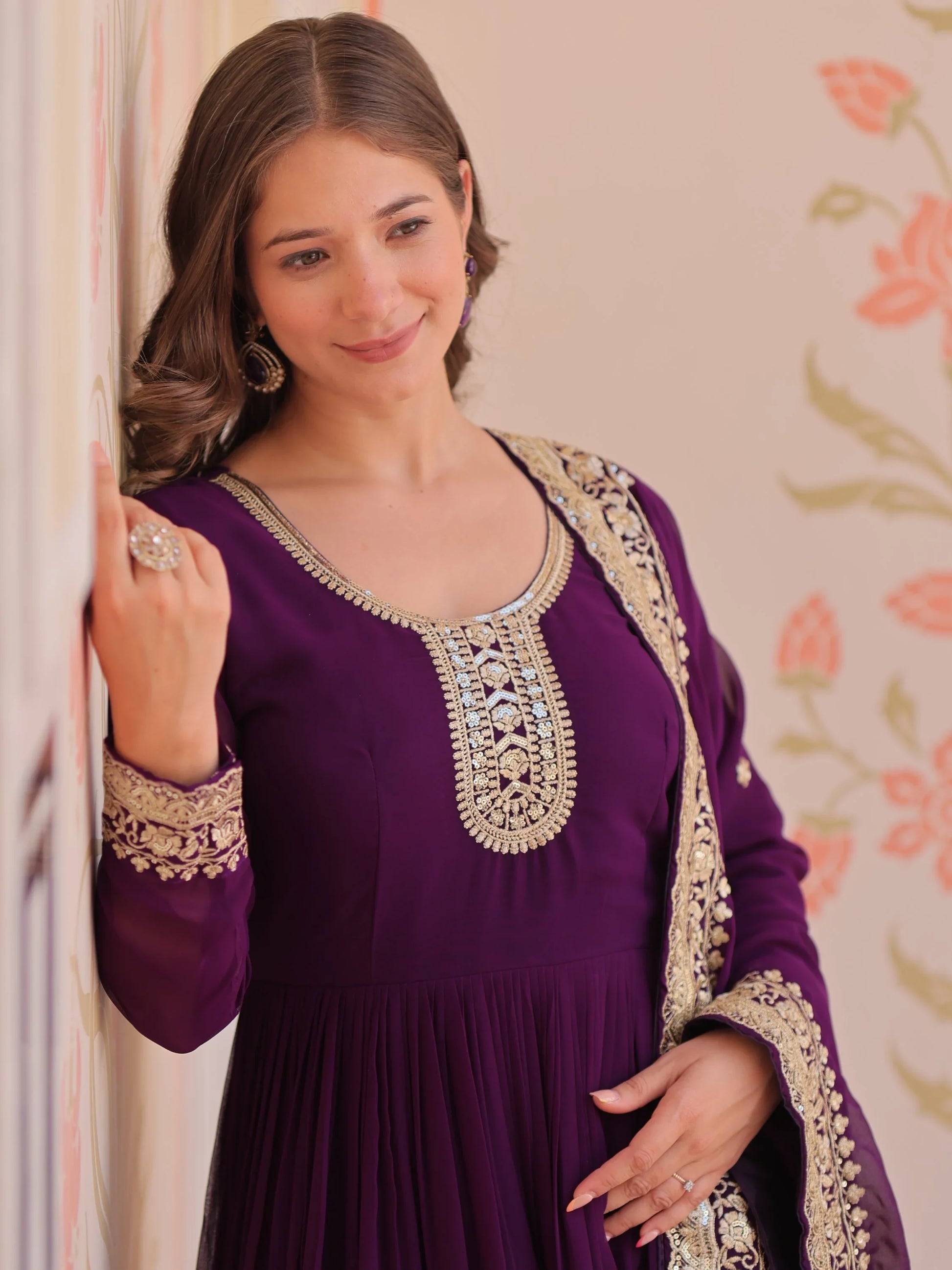 Terrific Purple Zari Embroidery Georgette Evening Wear Gown With Dupatta - Zeel Clothing