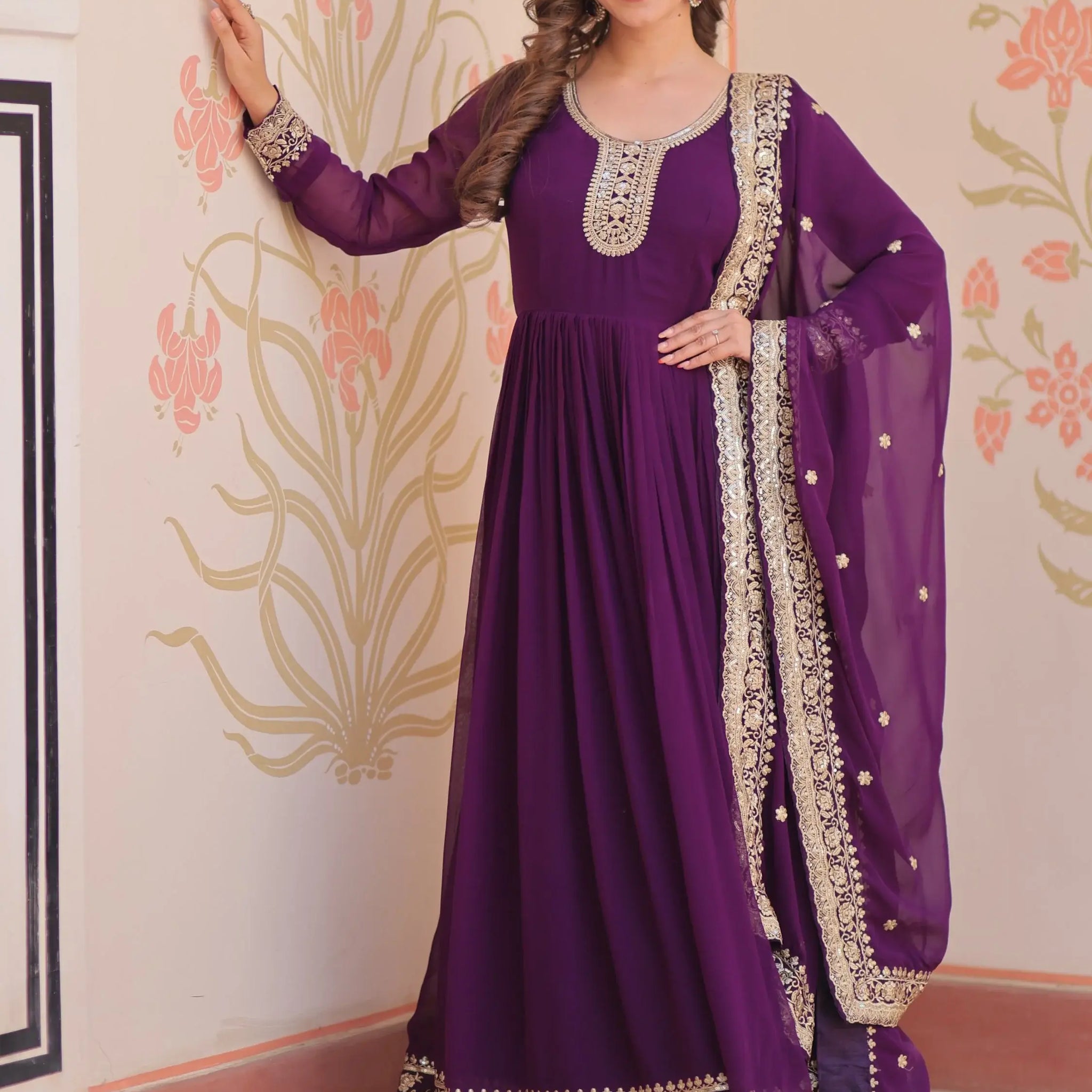 Terrific Purple Zari Embroidery Georgette Evening Wear Gown With Dupatta - Zeel Clothing