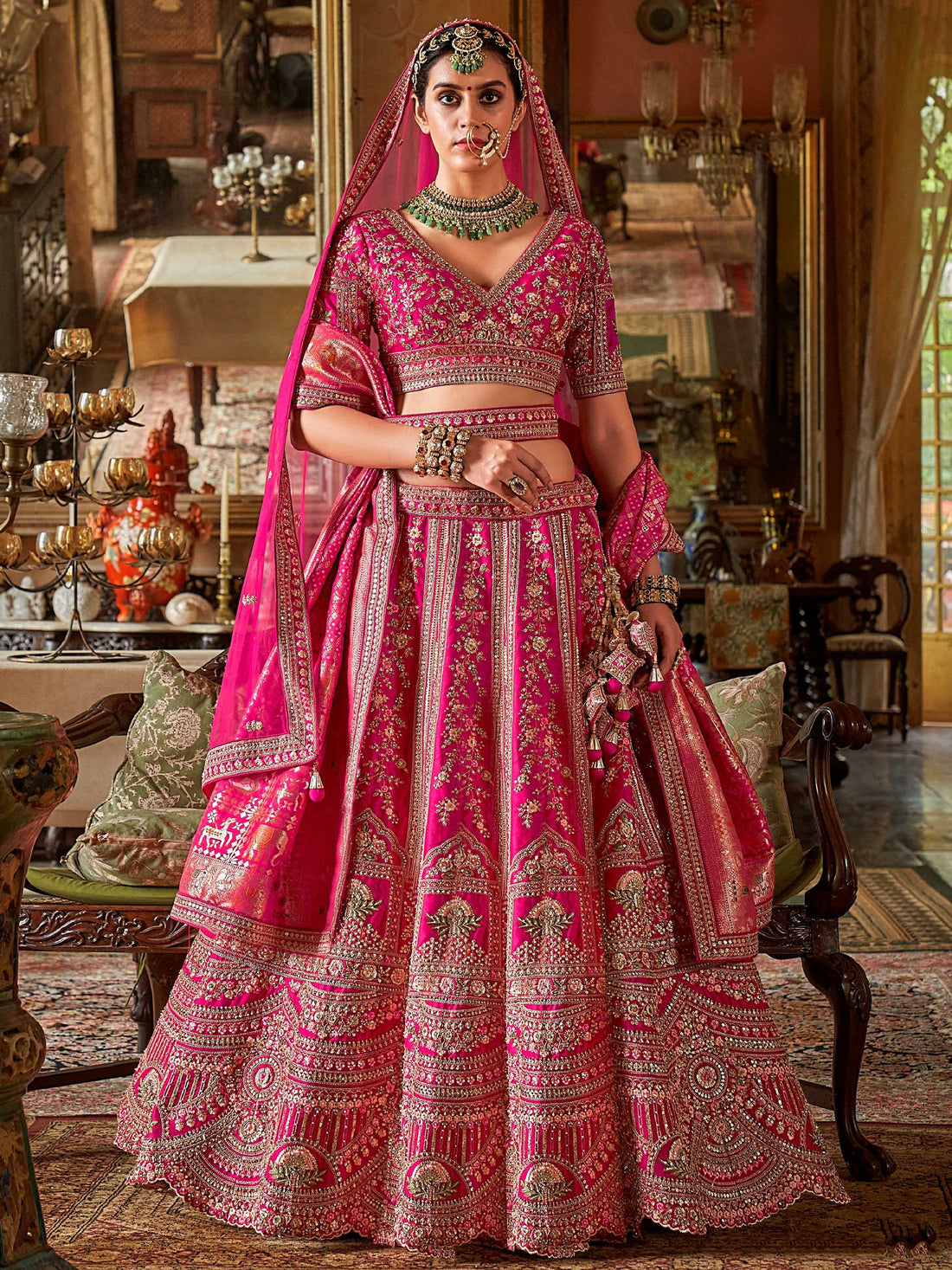 Terrific Rani Pink Floral Embroidery Silk Bridal Lehenga Choli With Double Dupatta