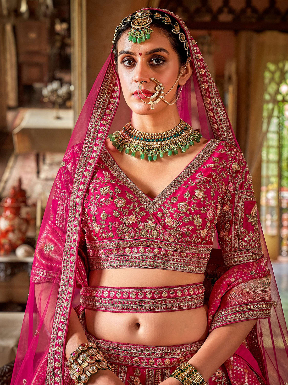Terrific Rani Pink Floral Embroidery Silk Bridal Lehenga Choli With Double Dupatta