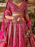 Terrific Rani Pink Floral Embroidery Silk Bridal Lehenga Choli With Double Dupatta
