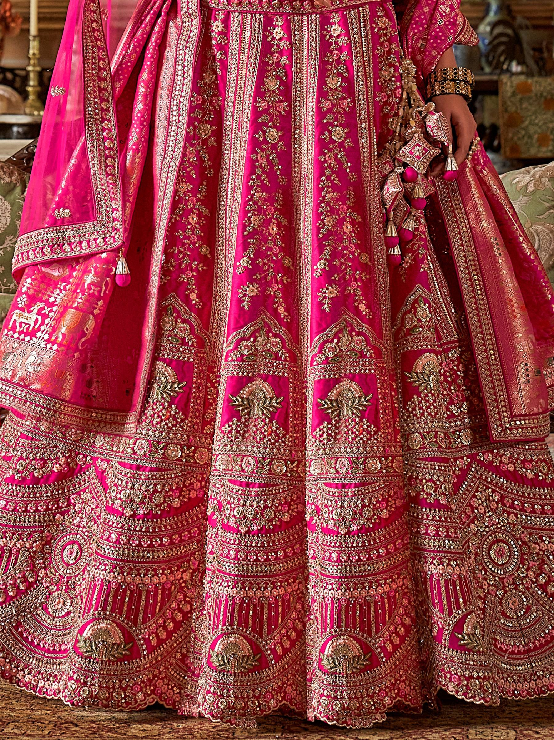 Terrific Rani Pink Floral Embroidery Silk Bridal Lehenga Choli With Double Dupatta