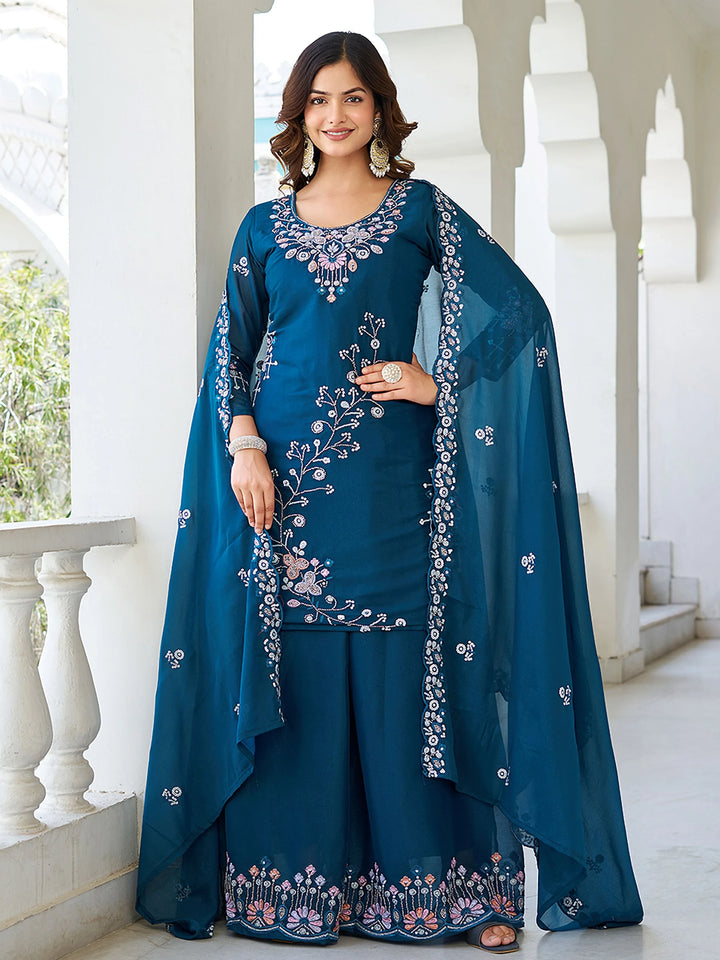 Terrific Teal Blue Moti Work Georgette Function Wear Palazzo Suit With Dupatta - Zeel Clothing