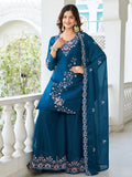 Terrific Teal Blue Moti Work Georgette Function Wear Palazzo Suit With Dupatta - Zeel Clothing