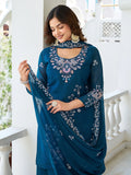 Terrific Teal Blue Moti Work Georgette Function Wear Palazzo Suit With Dupatta - Zeel Clothing