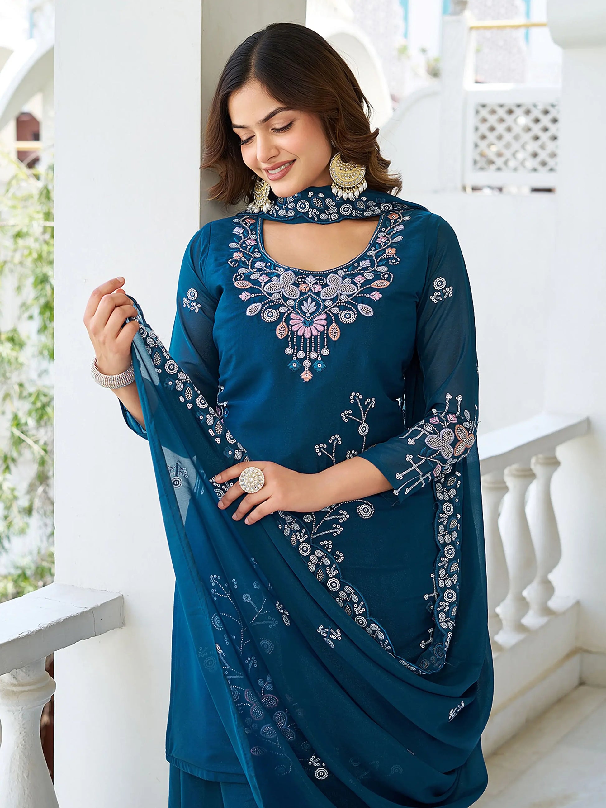Terrific Teal Blue Moti Work Georgette Function Wear Palazzo Suit With Dupatta - Zeel Clothing