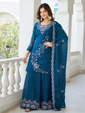 Terrific Teal Blue Moti Work Georgette Function Wear Palazzo Suit With Dupatta - Zeel Clothing