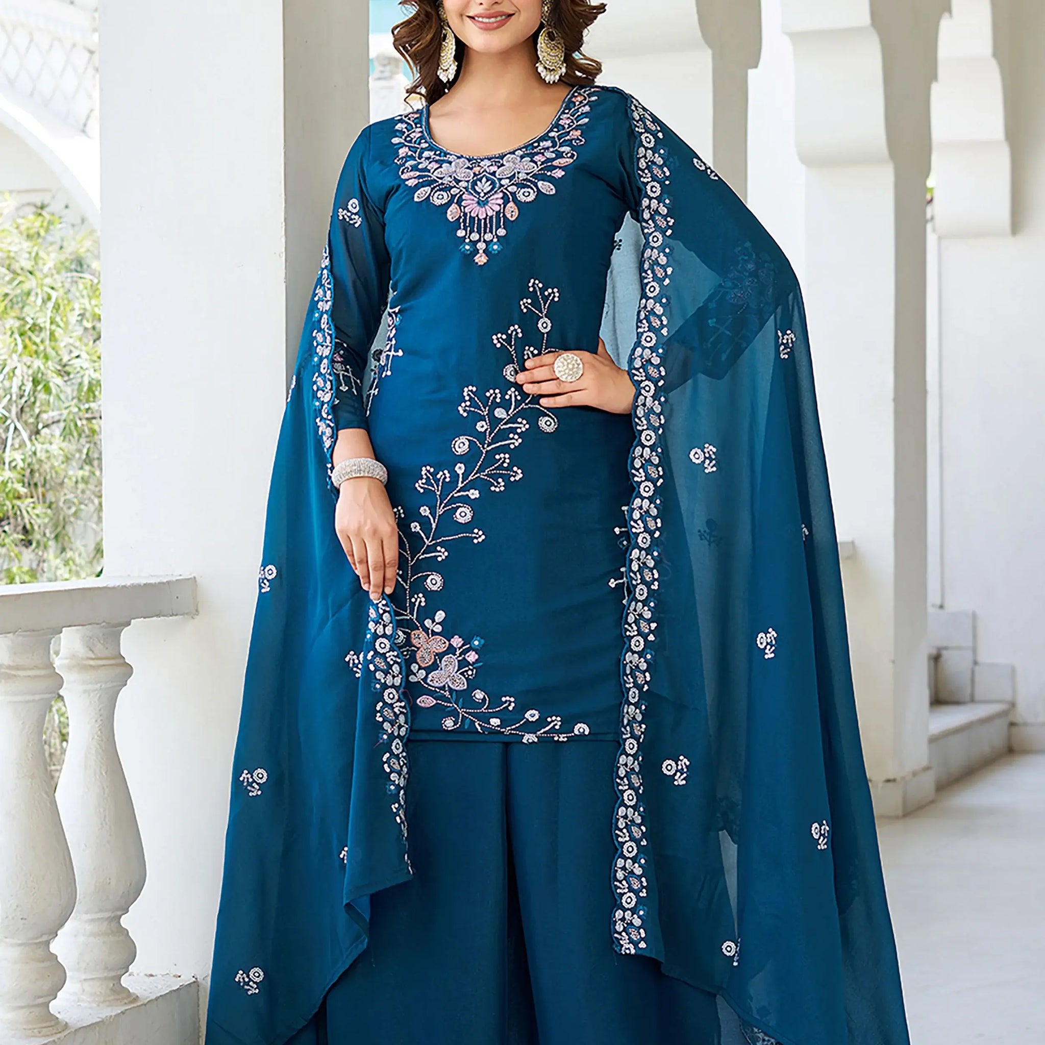 Terrific Teal Blue Moti Work Georgette Function Wear Palazzo Suit With Dupatta - Zeel Clothing