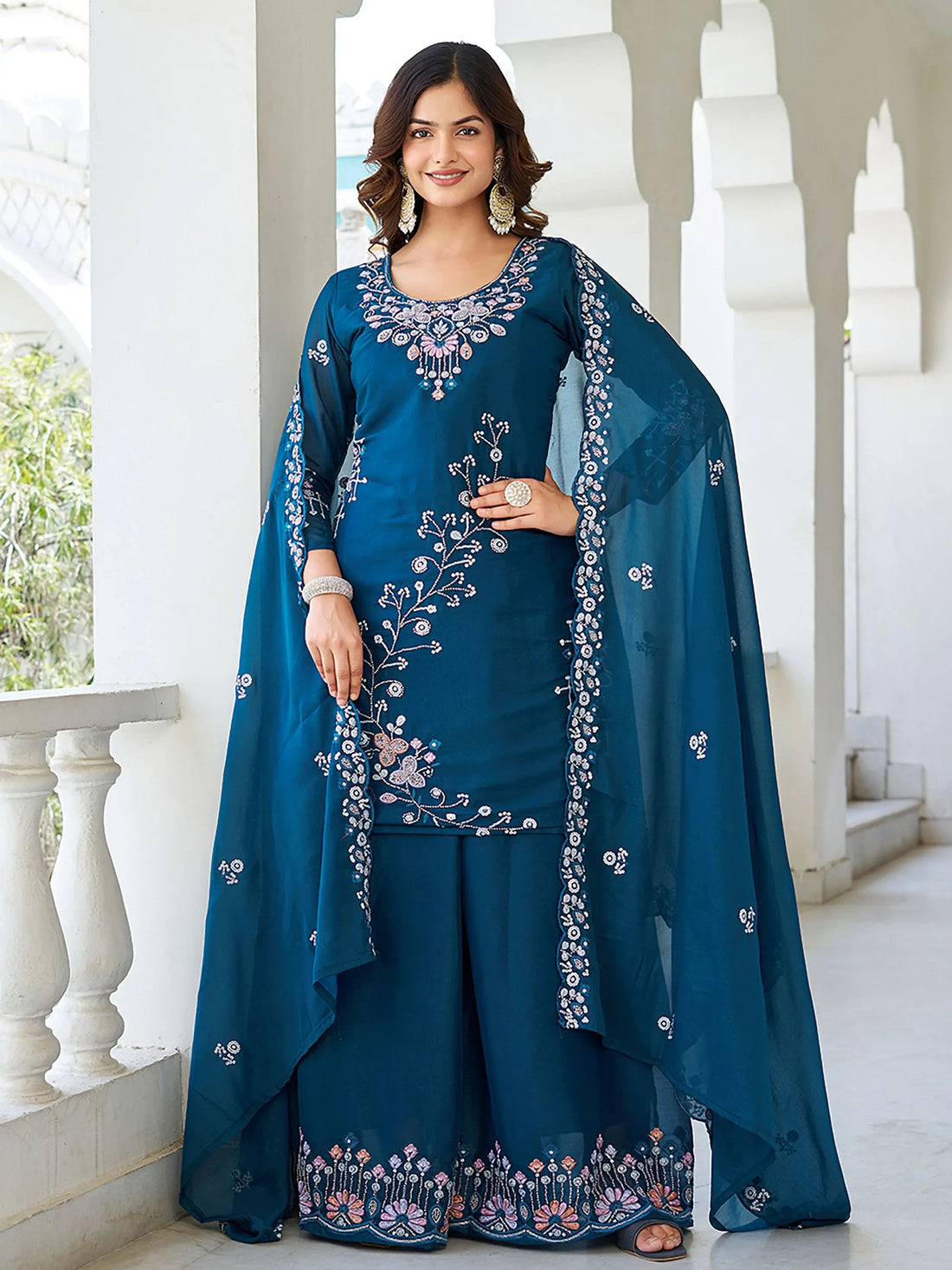 Terrific Teal Blue Moti Work Georgette Function Wear Palazzo Suit With Dupatta - Zeel Clothing