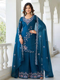 Terrific Teal Blue Moti Work Georgette Function Wear Palazzo Suit With Dupatta - Zeel Clothing