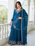 Terrific Teal Blue Moti Work Georgette Function Wear Palazzo Suit With Dupatta - Zeel Clothing