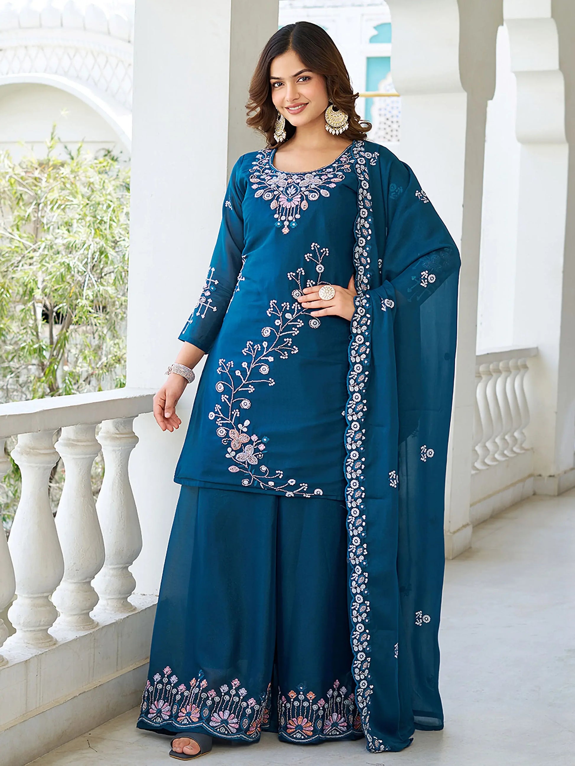 Terrific Teal Blue Moti Work Georgette Function Wear Palazzo Suit With Dupatta - Zeel Clothing