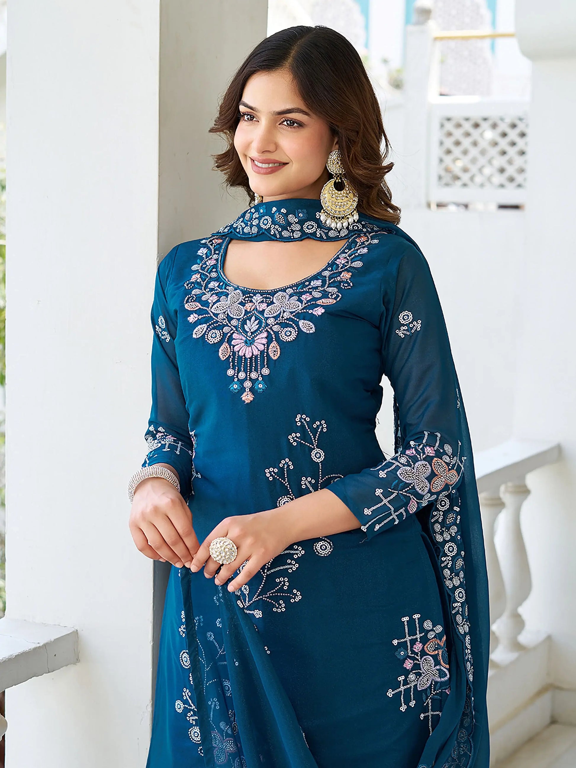 Terrific Teal Blue Moti Work Georgette Function Wear Palazzo Suit With Dupatta - Zeel Clothing