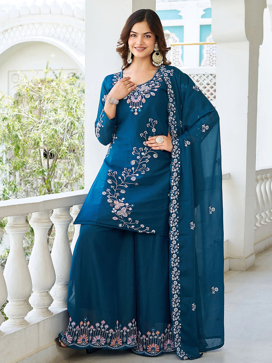 Terrific Teal Blue Moti Work Georgette Function Wear Palazzo Suit With Dupatta - Zeel Clothing