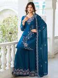 Terrific Teal Blue Moti Work Georgette Function Wear Palazzo Suit With Dupatta - Zeel Clothing