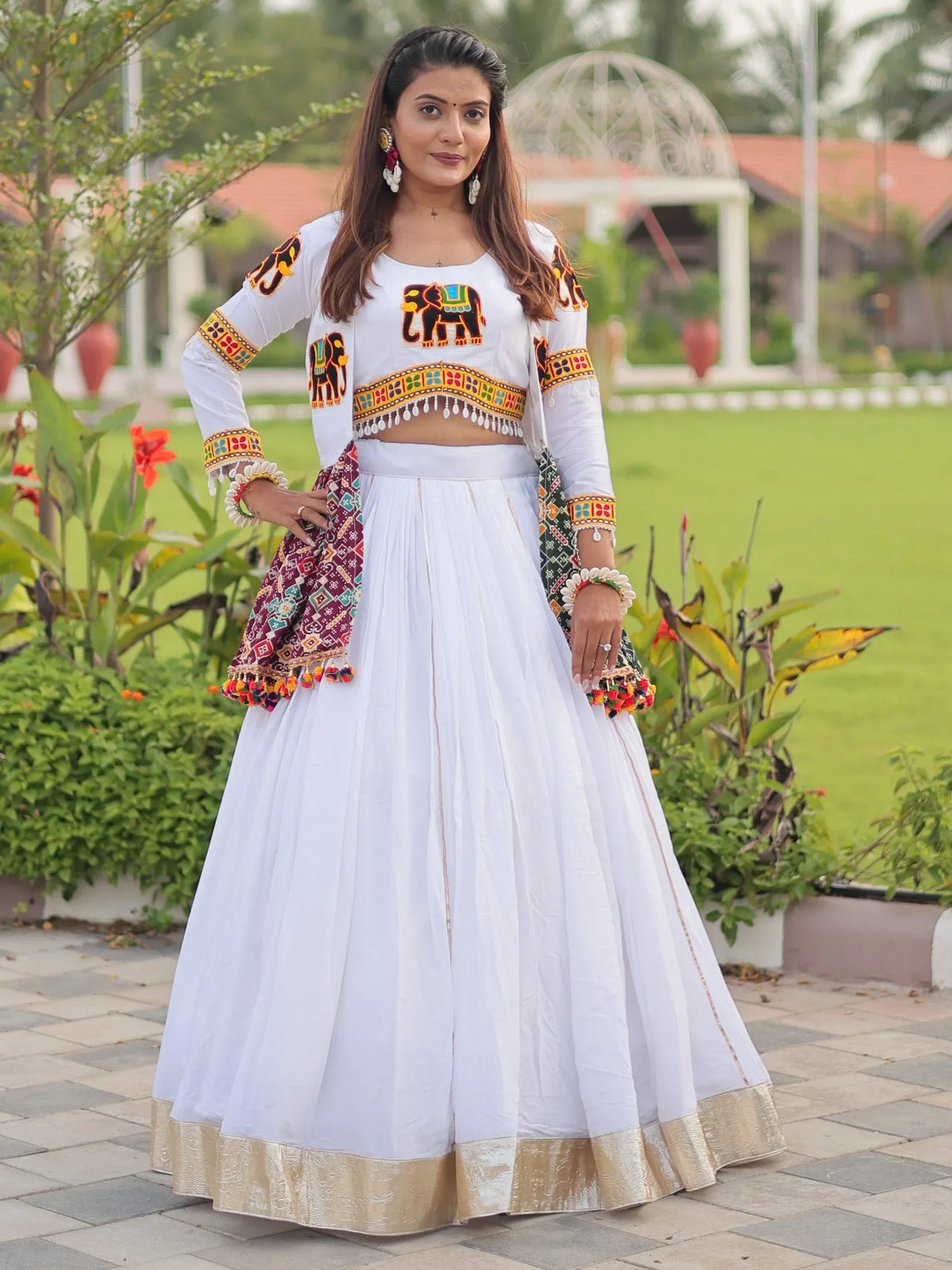 Terrific White Cotton Gamthi Work Navratri Special Lehenga Choli With Jacket