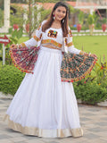 Terrific White Cotton Gamthi Work Navratri Special Lehenga Choli With Jacket