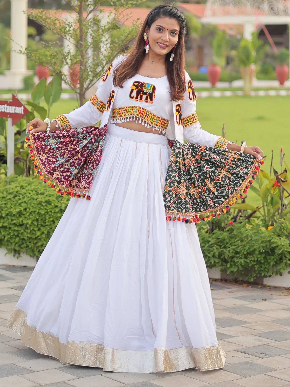 Terrific White Cotton Gamthi Work Navratri Special Lehenga Choli With Jacket