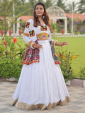 Terrific White Cotton Gamthi Work Navratri Special Lehenga Choli With Jacket