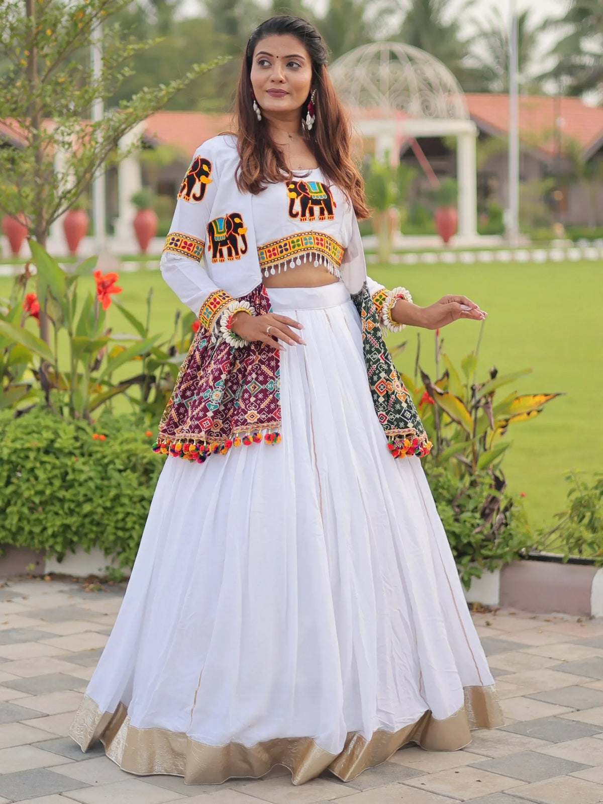 Terrific White Cotton Gamthi Work Navratri Special Lehenga Choli With Jacket