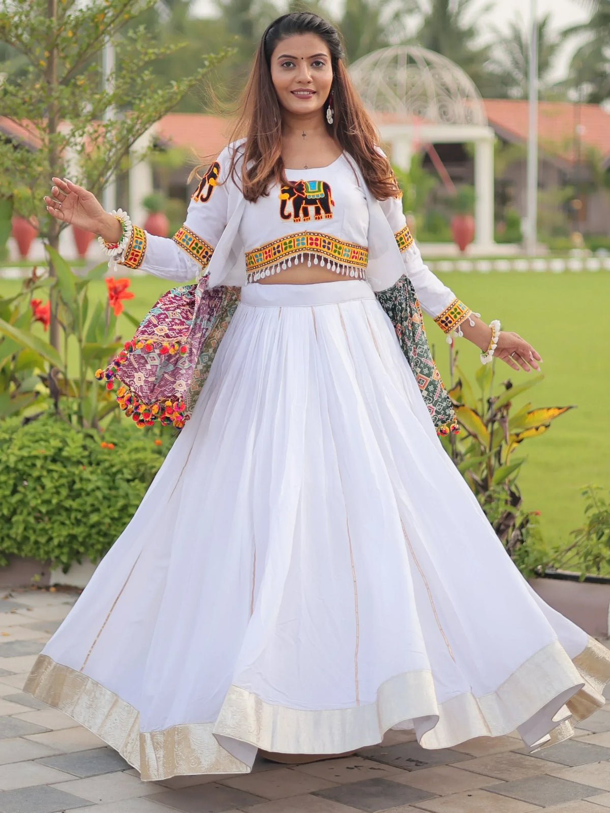 Terrific White Cotton Gamthi Work Navratri Special Lehenga Choli With Jacket