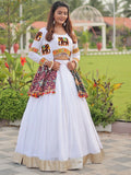 Terrific White Cotton Gamthi Work Navratri Special Lehenga Choli With Jacket