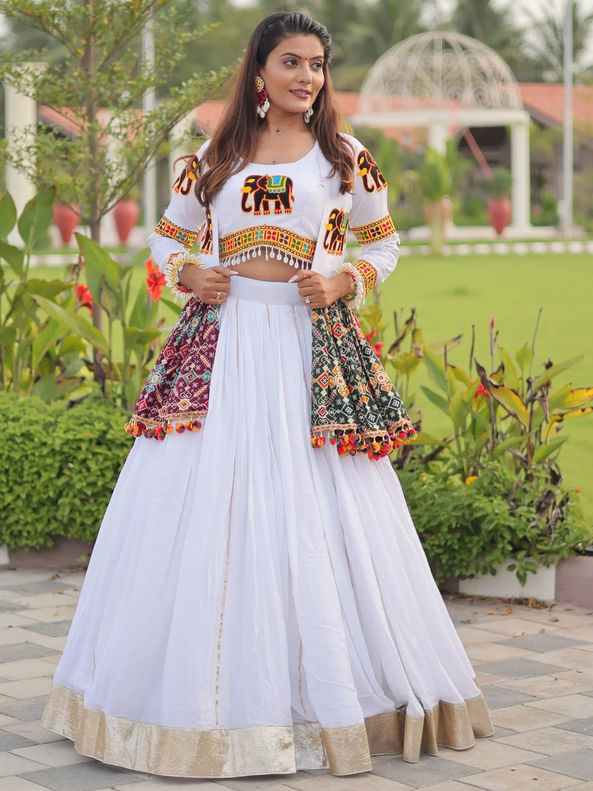 Terrific White Cotton Gamthi Work Navratri Special Lehenga Choli With Jacket
