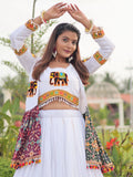 Terrific White Cotton Gamthi Work Navratri Special Lehenga Choli With Jacket